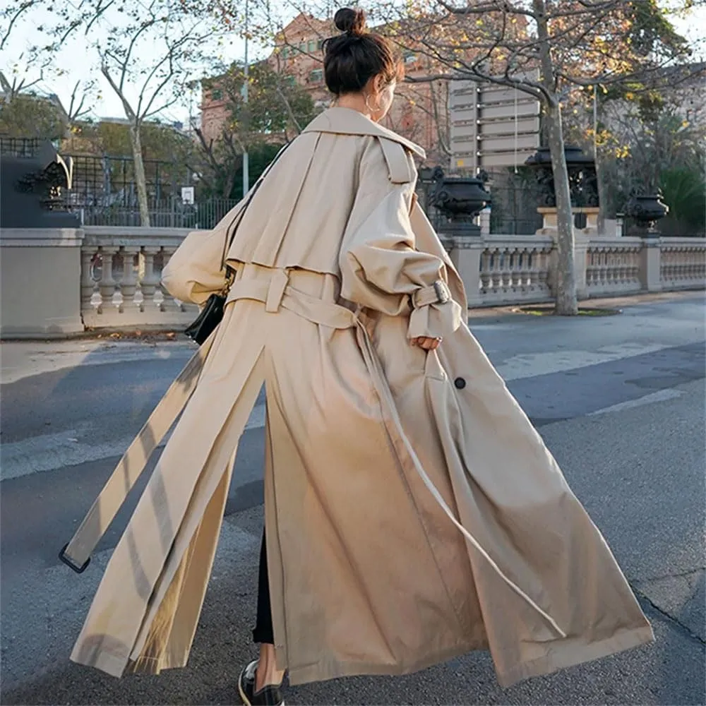 Women Long Trench Coat Lapel Long Sleeves Double Breasted With Belt Loose Trenchcoats Loose Classic Coat