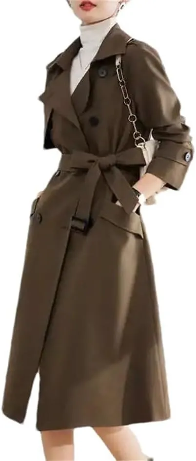 Women Solid Trench Coat Lapel Double Breasted Solid Slim Classic Long Sleeves Belt Office Overcoat