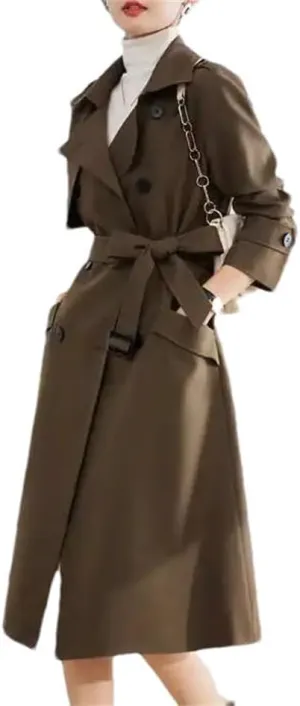 Women Solid Trench Coat Lapel Double Breasted Solid Slim Classic Long Sleeves Belt Office Overcoat