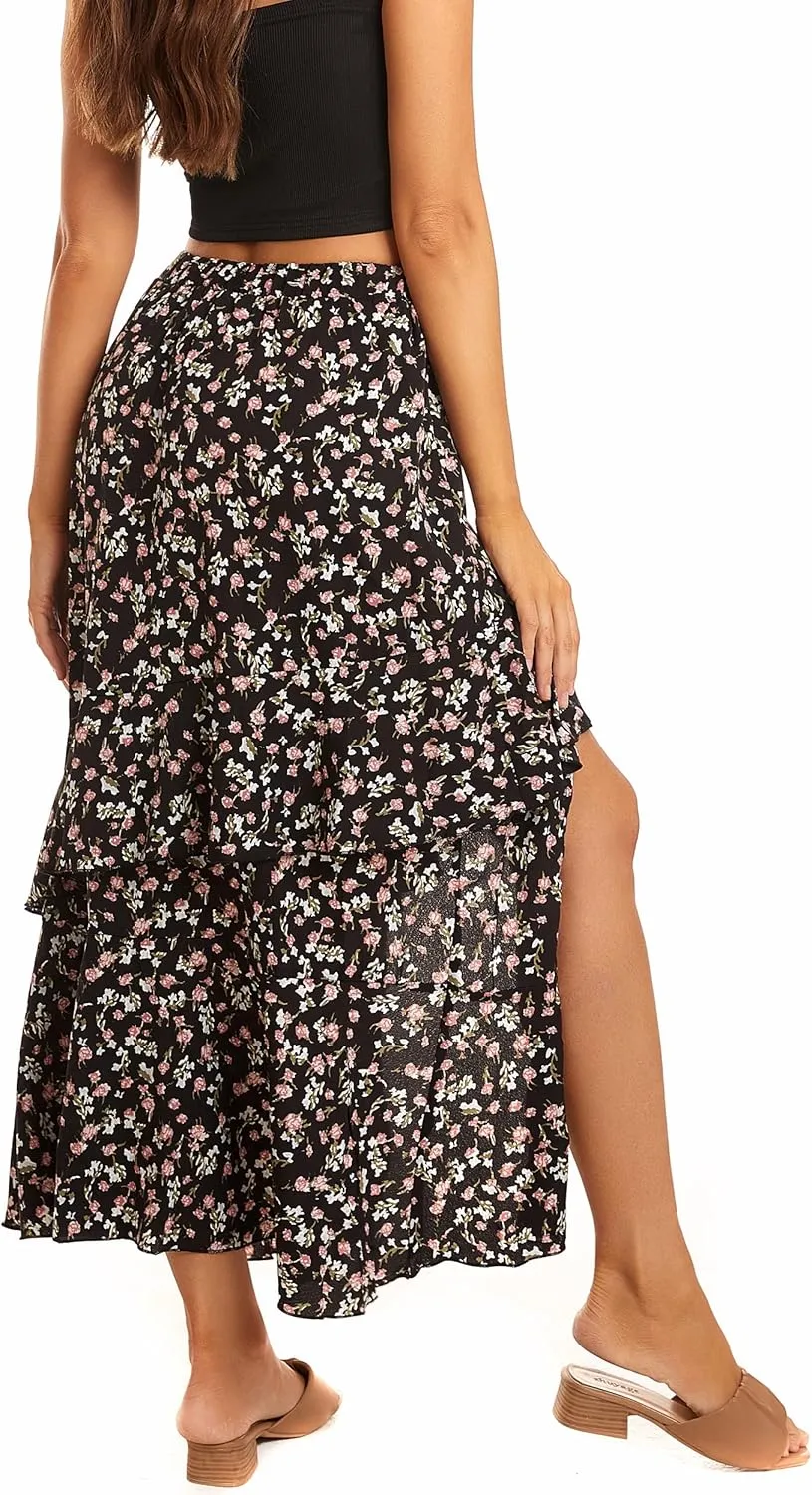 Womens Boho Floral Print Long Skirt Dress Chic High Low Side Split Ruffle Hem Elastic Waist Swing Maxi Dresses