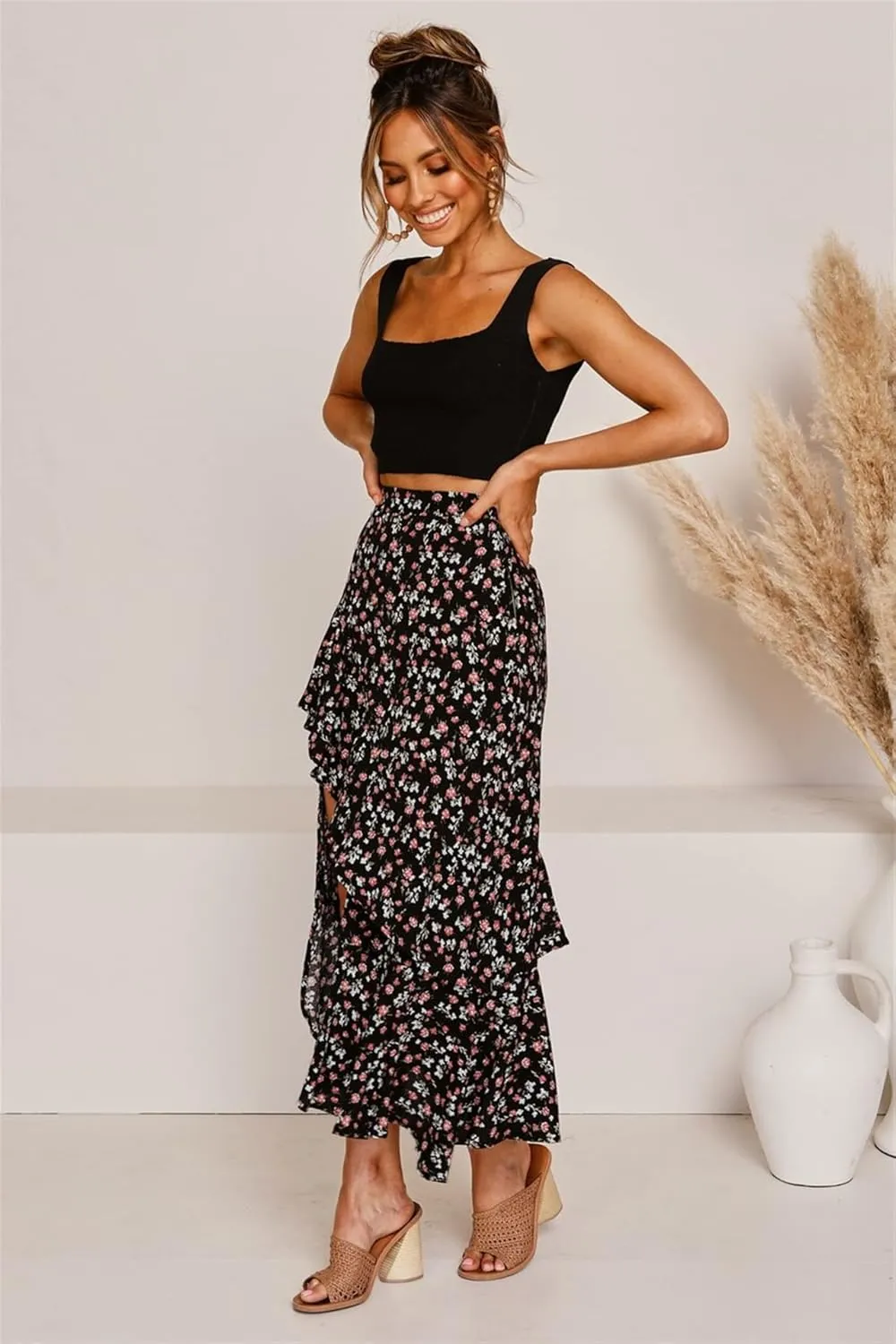 Womens Boho Floral Print Long Skirt Dress Chic High Low Side Split Ruffle Hem Elastic Waist Swing Maxi Dresses