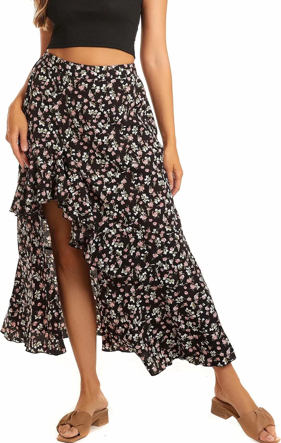 Womens Boho Floral Print Long Skirt Dress Chic High Low Side Split Ruffle Hem Elastic Waist Swing Maxi Dresses
