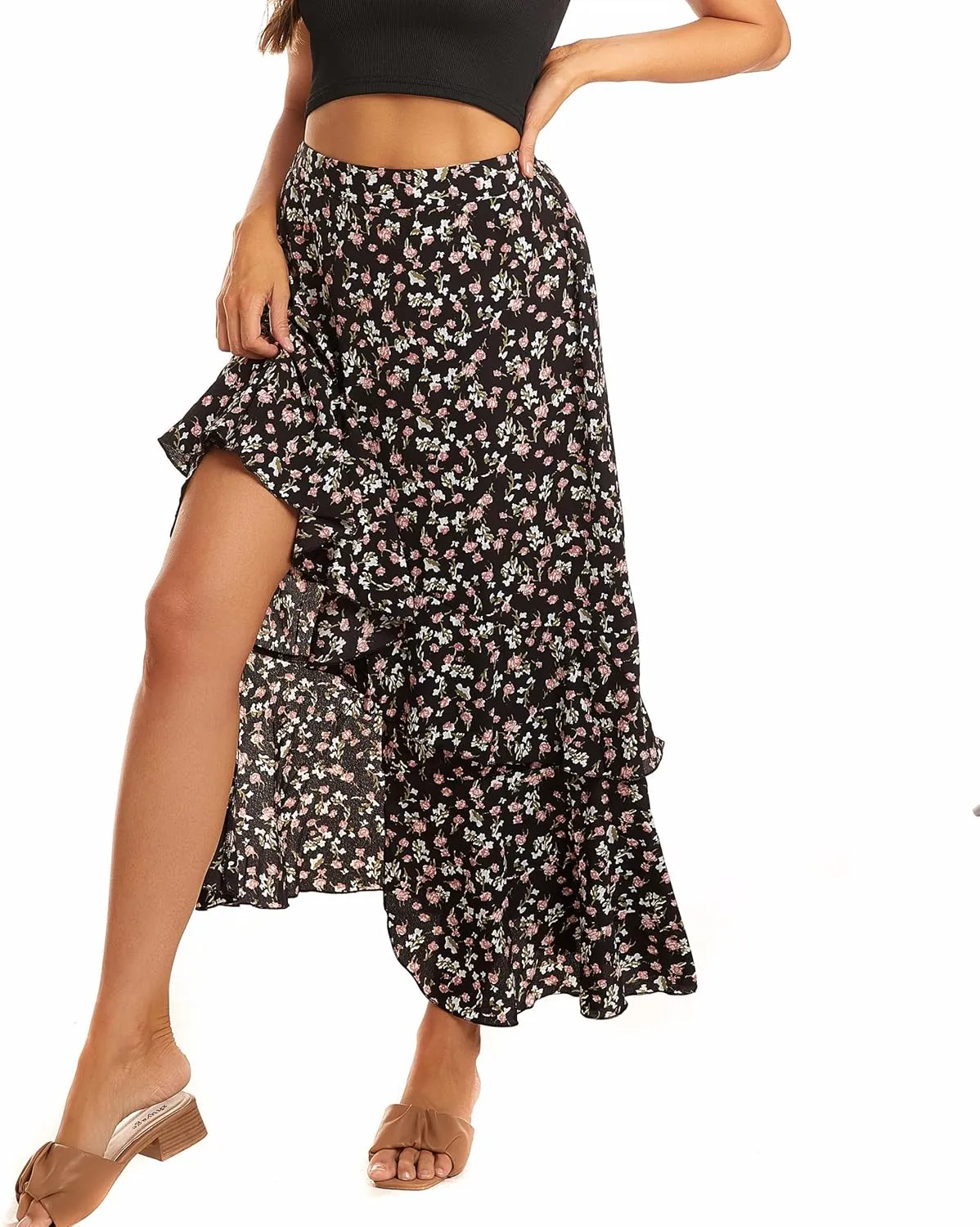 Womens Boho Floral Print Long Skirt Dress Chic High Low Side Split Ruffle Hem Elastic Waist Swing Maxi Dresses