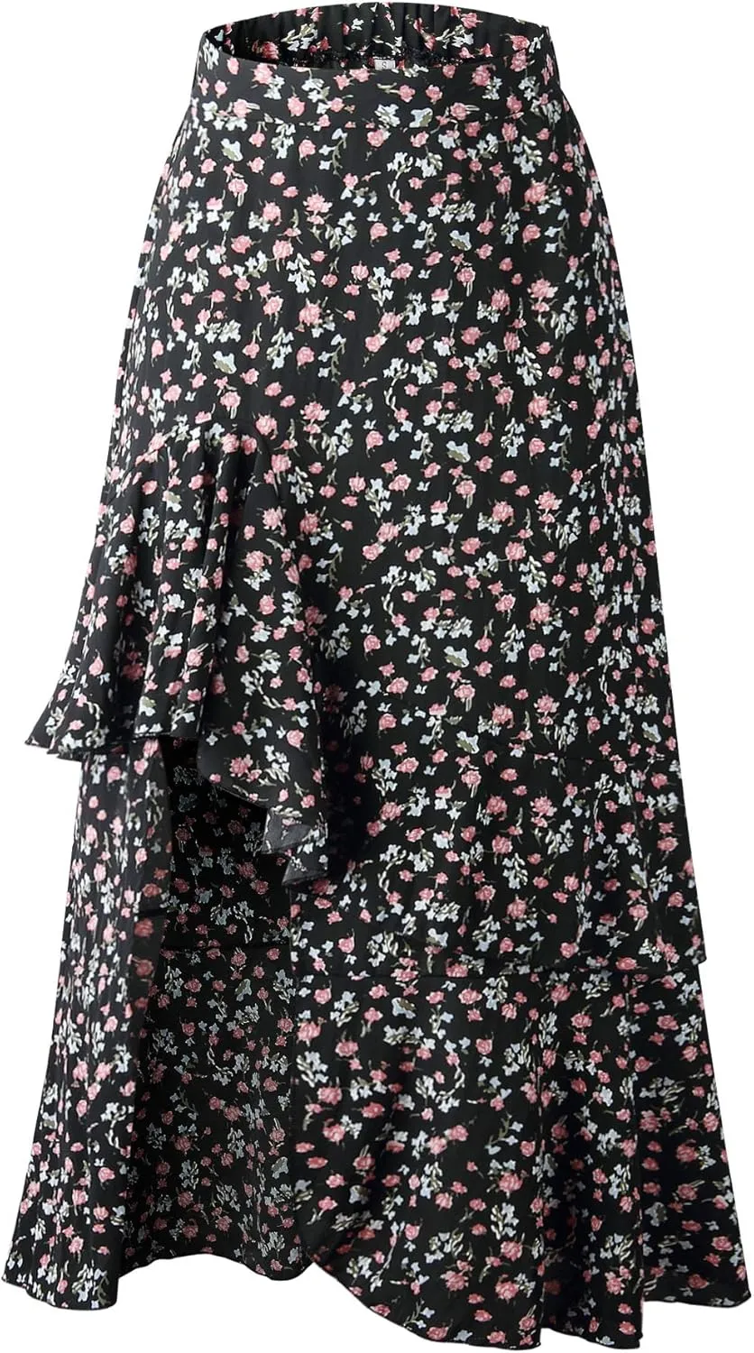 Womens Boho Floral Print Long Skirt Dress Chic High Low Side Split Ruffle Hem Elastic Waist Swing Maxi Dresses
