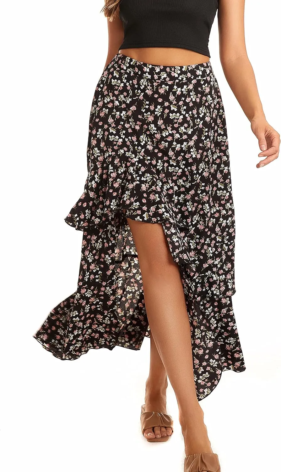 Womens Boho Floral Print Long Skirt Dress Chic High Low Side Split Ruffle Hem Elastic Waist Swing Maxi Dresses
