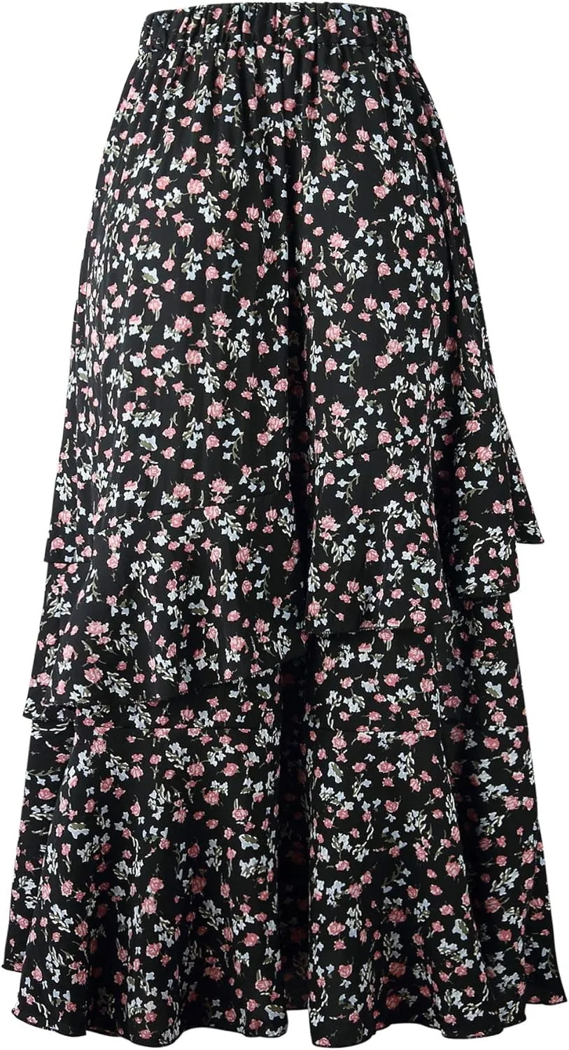 Womens Boho Floral Print Long Skirt Dress Chic High Low Side Split Ruffle Hem Elastic Waist Swing Maxi Dresses