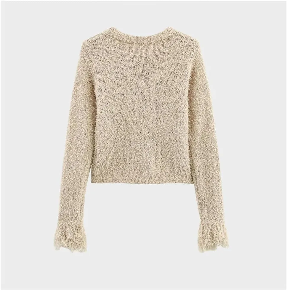 Women's Clothing French Fringed Tassel Decoration Long Sleeved Knitted Cardigan Short Jacket Sweater
