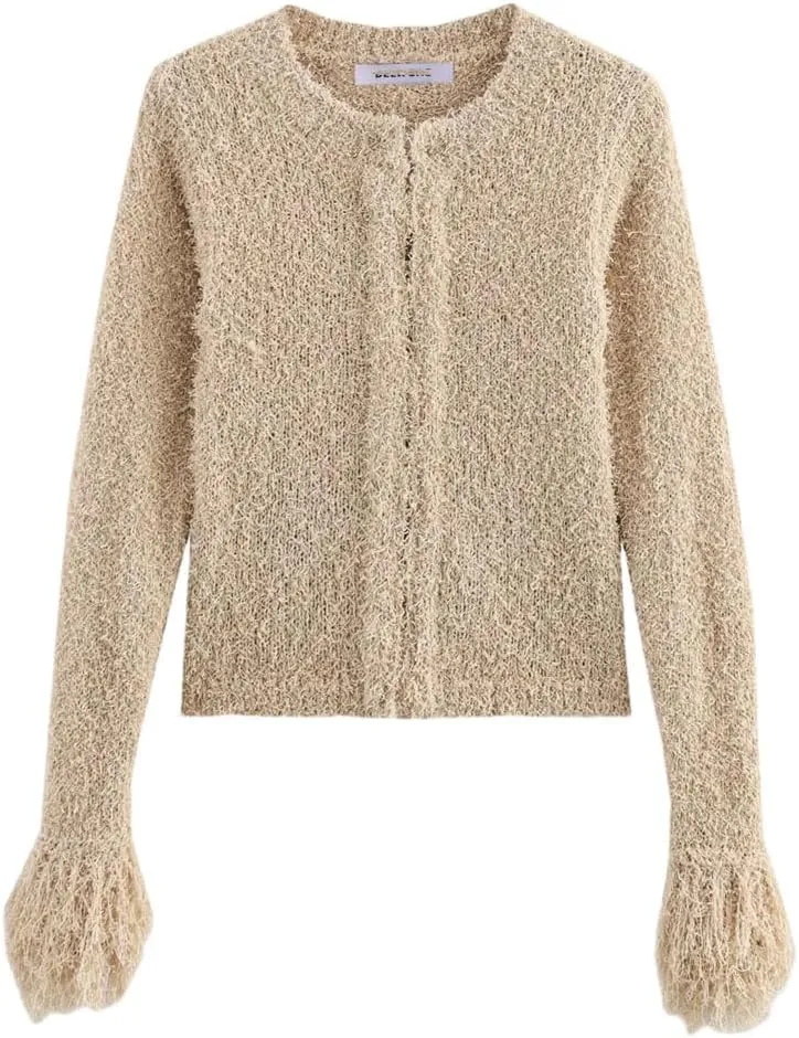 Women's Clothing French Fringed Tassel Decoration Long Sleeved Knitted Cardigan Short Jacket Sweater