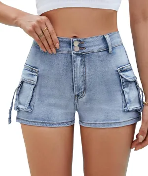 Women's Denim Mini Cargo Shorts Casual Mid Rise High Stretchy Jean Shorts Sexy Booty Shorts with Pockets Y2K