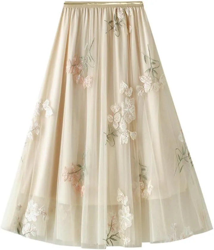Womens Floral Midi Skirt High Waisted A Line Cute Layered Fairy Mesh Tulle Pleated Skirt