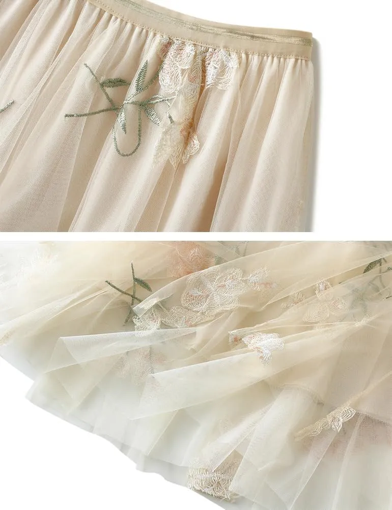 Womens Floral Midi Skirt High Waisted A Line Cute Layered Fairy Mesh Tulle Pleated Skirt