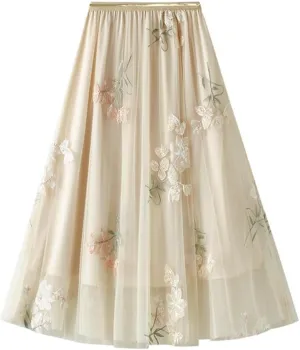 Womens Floral Midi Skirt High Waisted A Line Cute Layered Fairy Mesh Tulle Pleated Skirt