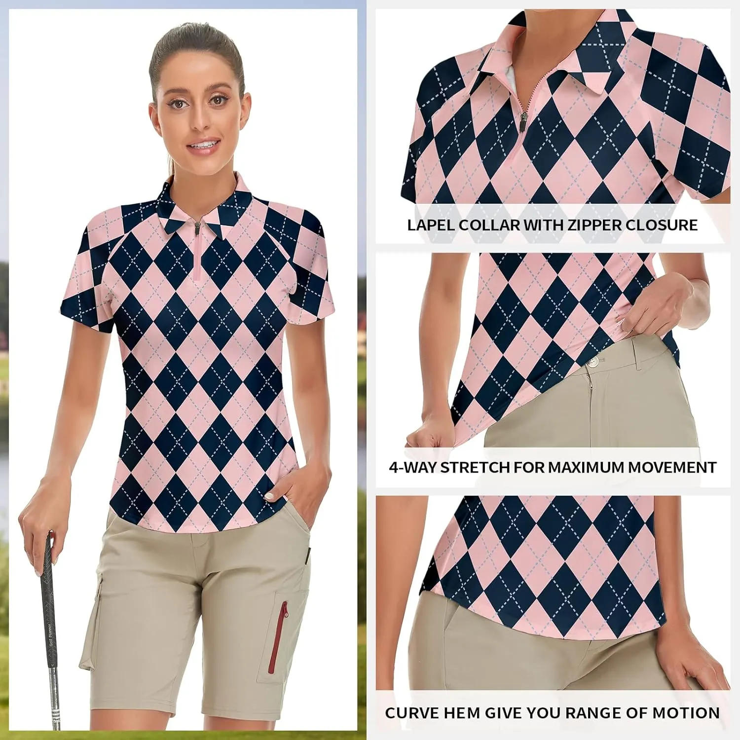 Women's Golf Shirt Short Sleeve Tennis Shirt Quarter Zip Golf Pullover Golf Polo Shirts Argyle Tops