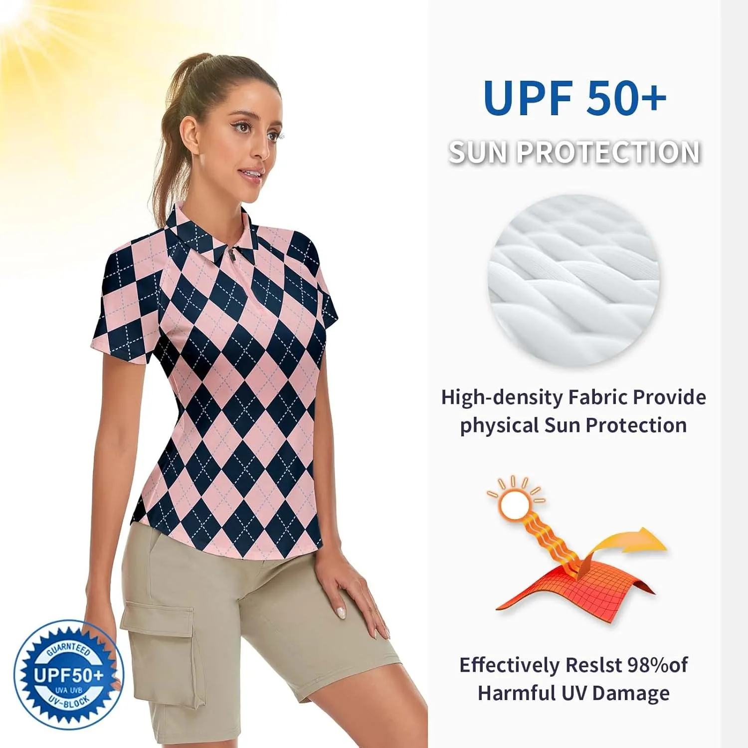 Women's Golf Shirt Short Sleeve Tennis Shirt Quarter Zip Golf Pullover Golf Polo Shirts Argyle Tops