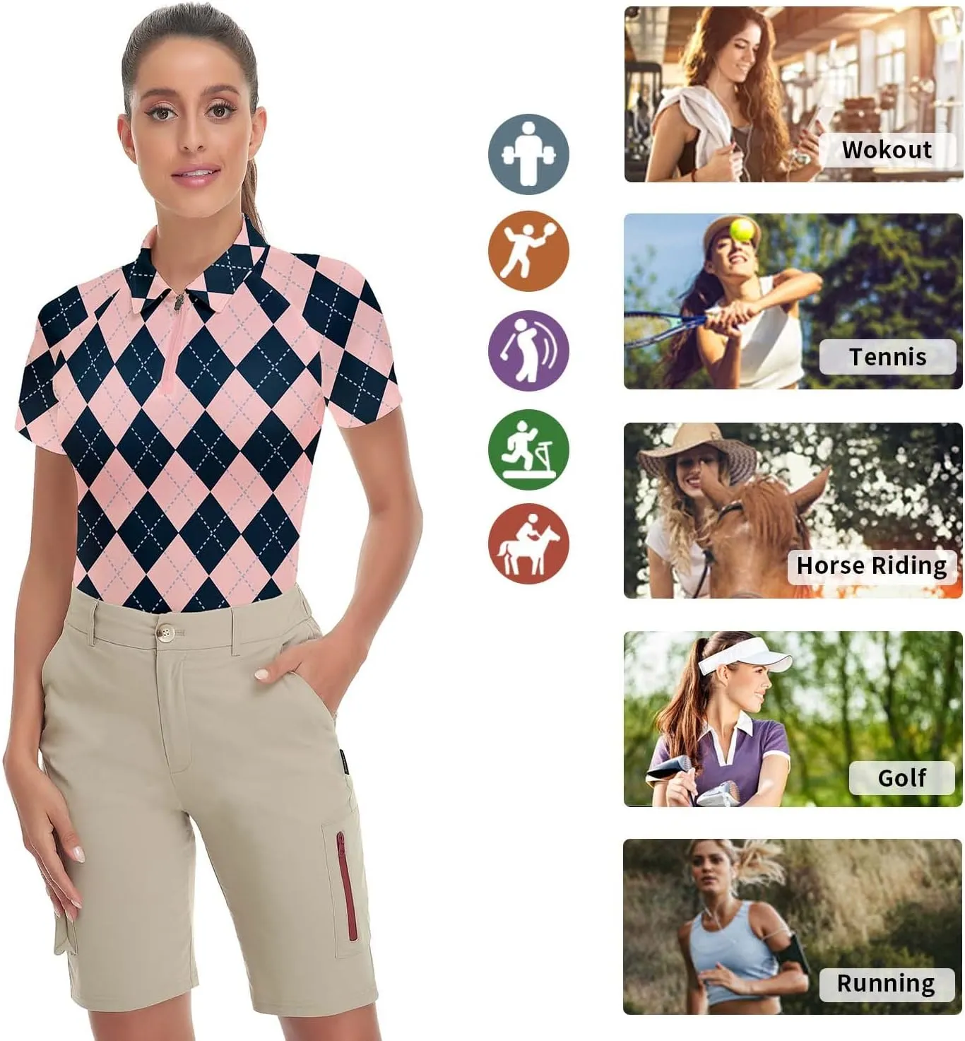 Women's Golf Shirt Short Sleeve Tennis Shirt Quarter Zip Golf Pullover Golf Polo Shirts Argyle Tops