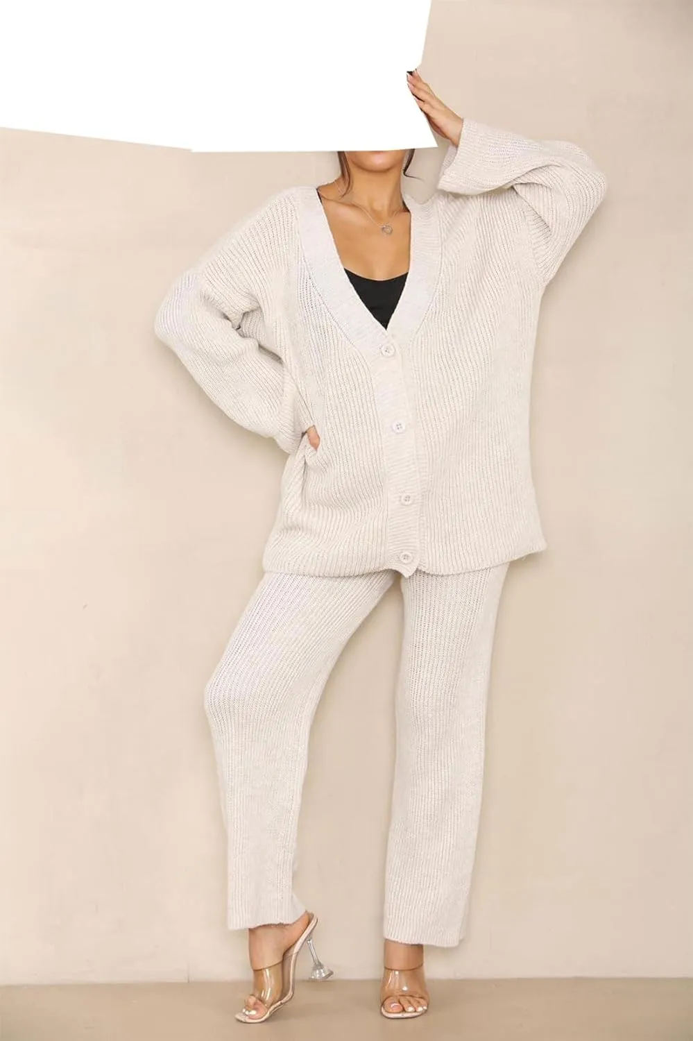 Womens Italian Knitted 4 Button Cardigan Tops Set Ladies Co-Ord Wide Leg Lounge Wear Jogger Tracksuits