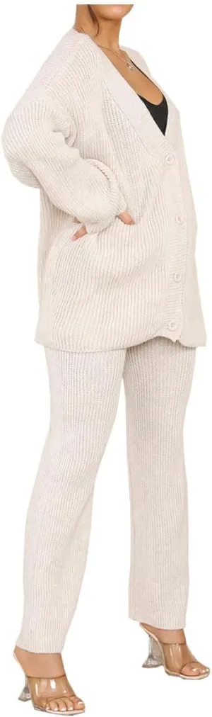 Womens Italian Knitted 4 Button Cardigan Tops Set Ladies Co-Ord Wide Leg Lounge Wear Jogger Tracksuits