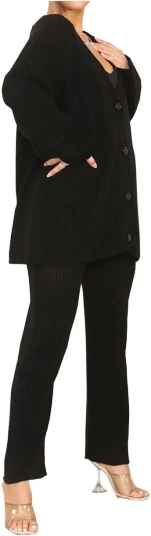 Womens Italian Knitted 4 Button Cardigan Tops Set Ladies Co-Ord Wide Leg Lounge Wear Jogger Tracksuits