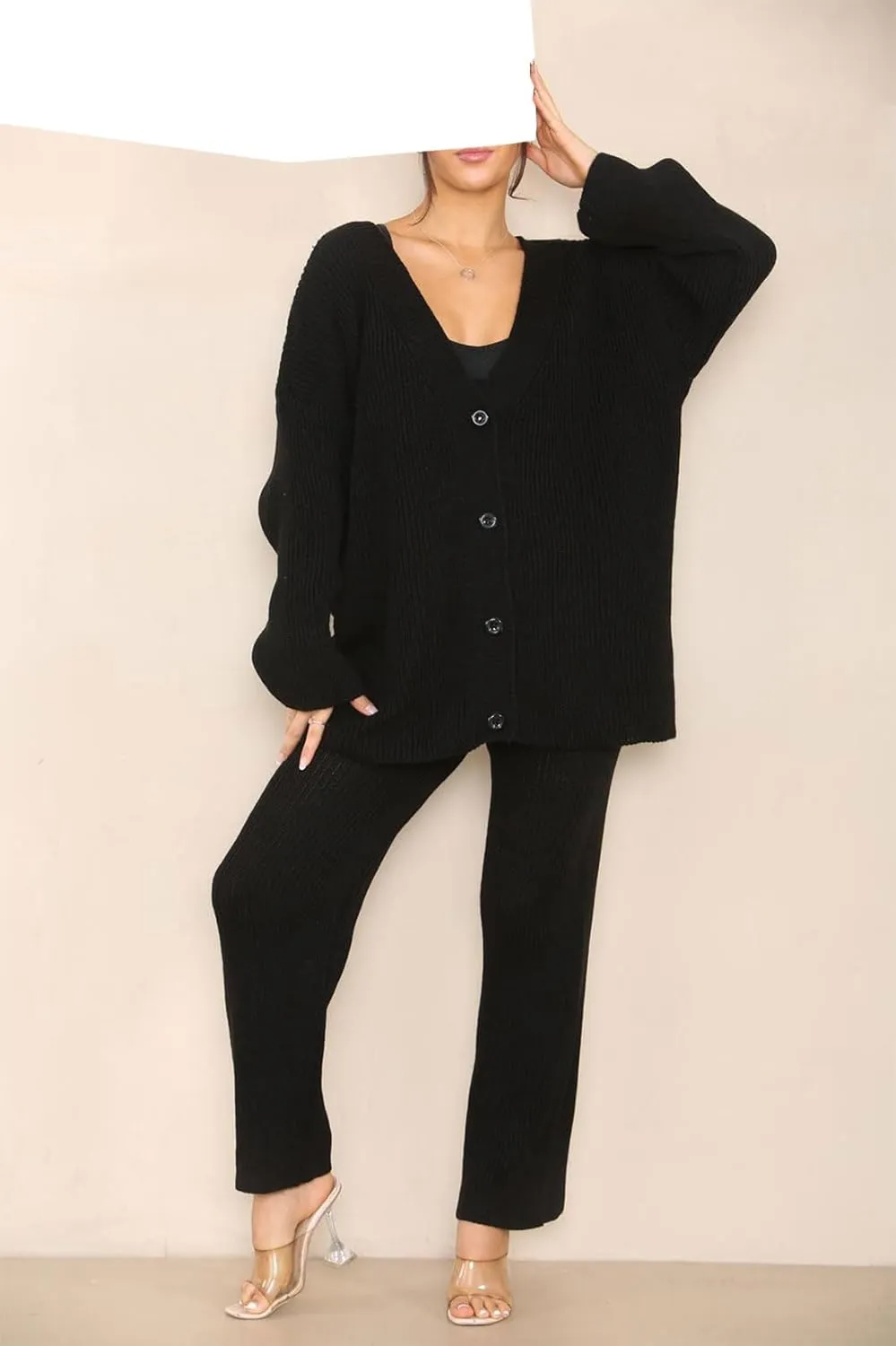 Womens Italian Knitted 4 Button Cardigan Tops Set Ladies Co-Ord Wide Leg Lounge Wear Jogger Tracksuits