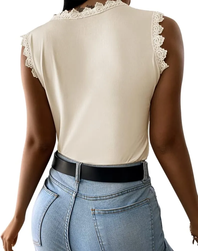Womens Lace Tank Top Blouse Sleeveless Summer Casual Crew Neck Slim Fit Hollow Out Shirt