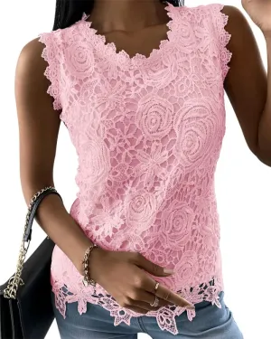 Womens Lace Tank Top Blouse Sleeveless Summer Casual Crew Neck Slim Fit Hollow Out Shirt