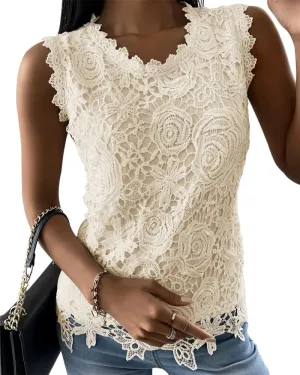 Womens Lace Tank Top Blouse Sleeveless Summer Casual Crew Neck Slim Fit Hollow Out Shirt