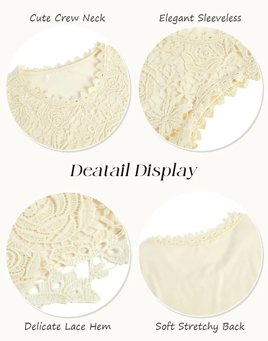 Womens Lace Tank Top Blouse Sleeveless Summer Casual Crew Neck Slim Fit Hollow Out Shirt