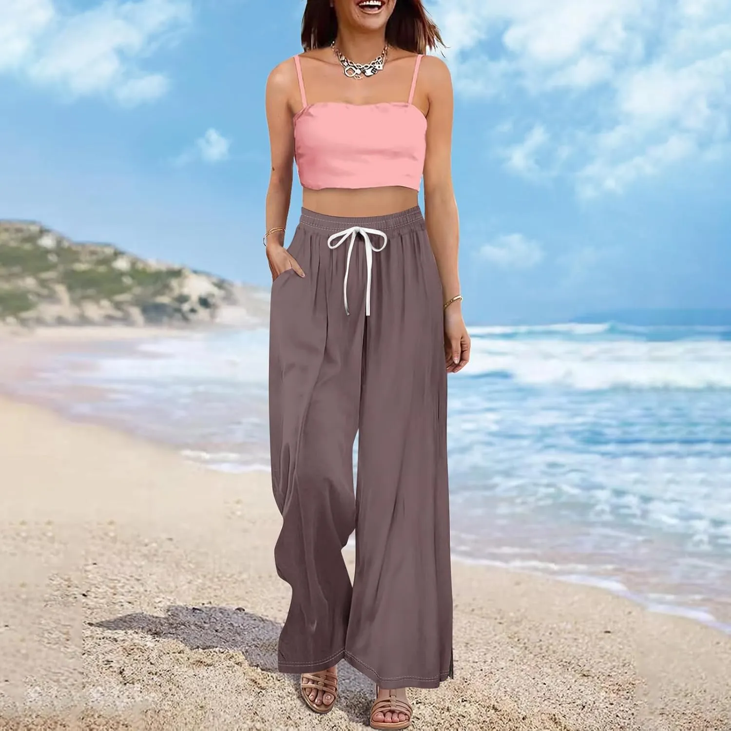 Women's Palazzo Pants Dressy Casual Wide Leg Slacks Elastic Waist with Pockets Lounge Flowy Pants