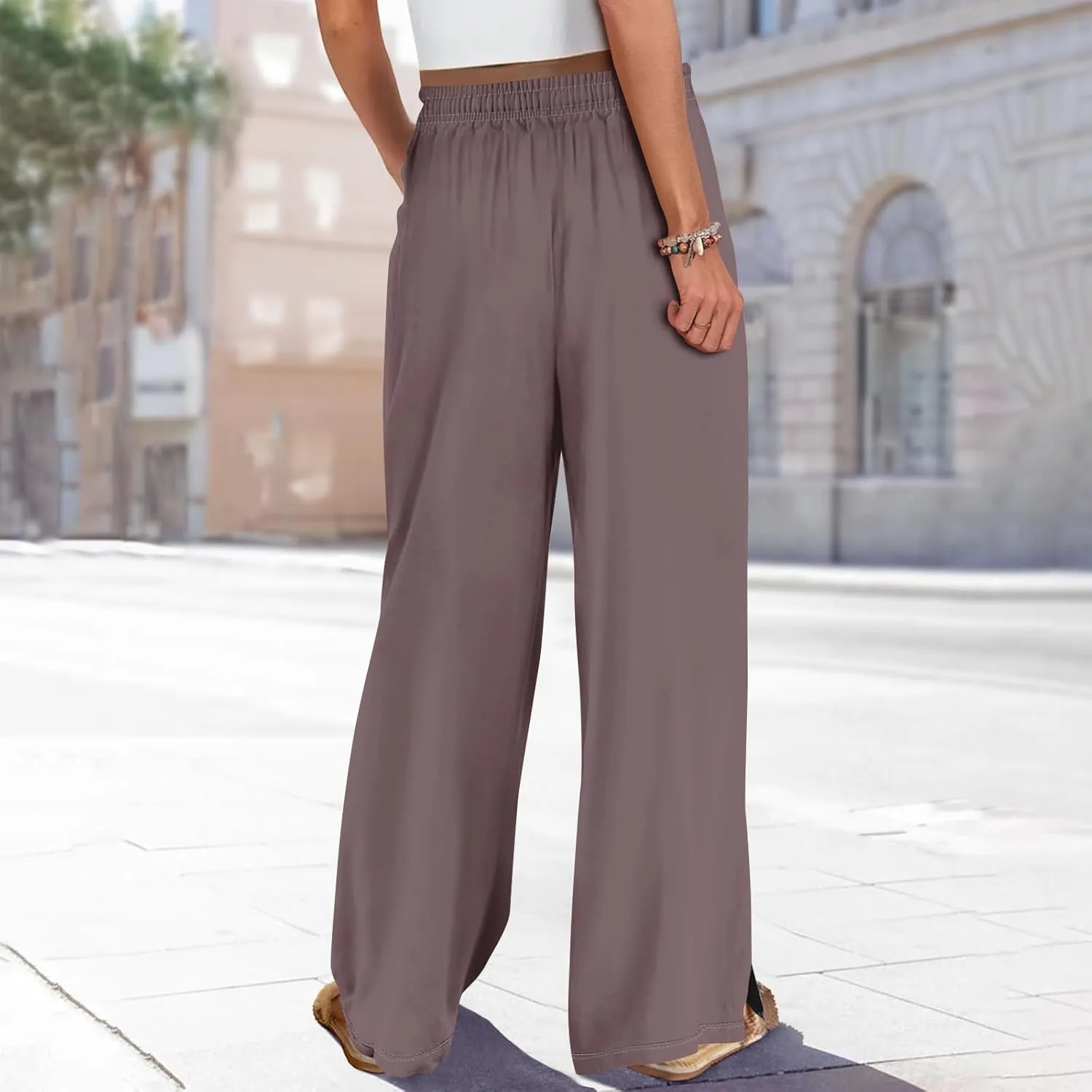 Women's Palazzo Pants Dressy Casual Wide Leg Slacks Elastic Waist with Pockets Lounge Flowy Pants