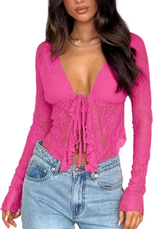 Women's Sexy Open Front Tie Long Sleeve Ruffle Trim Sheer Mesh Lace Crop Tops Blouses