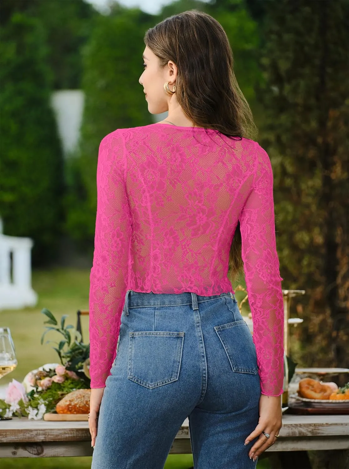 Women's Sexy Open Front Tie Long Sleeve Ruffle Trim Sheer Mesh Lace Crop Tops Blouses
