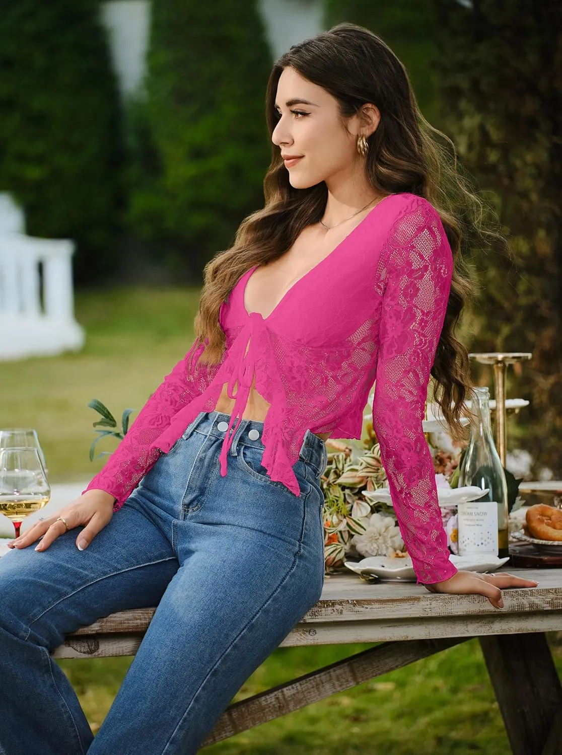 Women's Sexy Open Front Tie Long Sleeve Ruffle Trim Sheer Mesh Lace Crop Tops Blouses