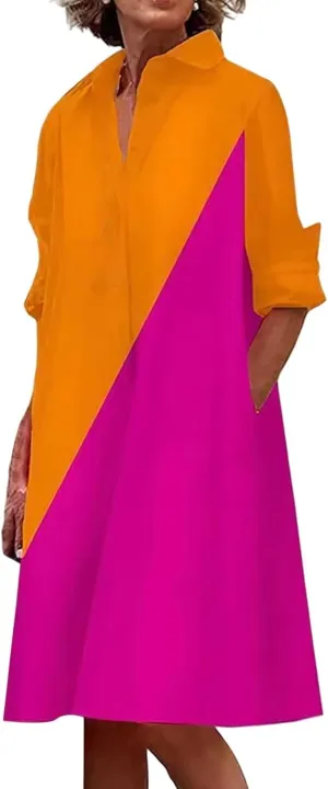 Womens Shirt Dress Rolled Long Sleeve Button Down Summer Dress Dressy Collared V Neck Mini Dresses Loose Casual Dresses