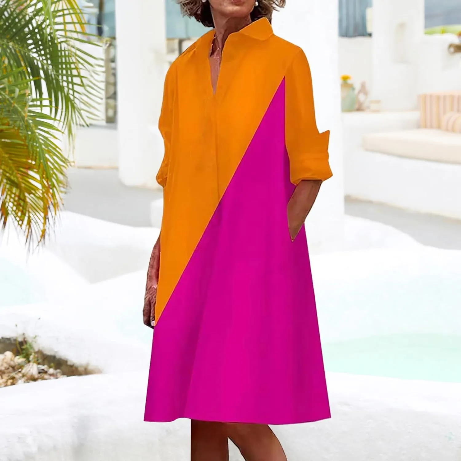 Womens Shirt Dress Rolled Long Sleeve Button Down Summer Dress Dressy Collared V Neck Mini Dresses Loose Casual Dresses