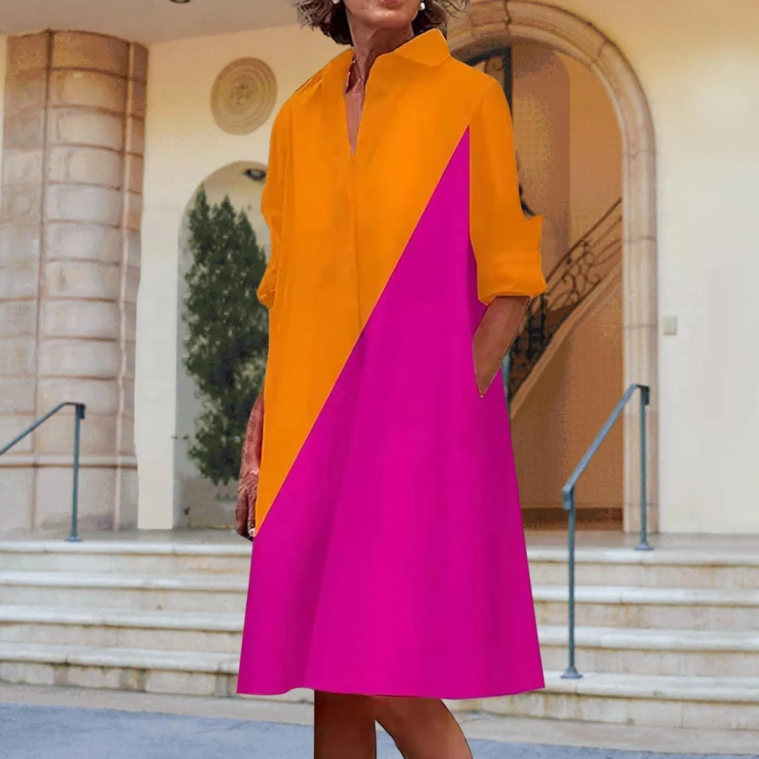 Womens Shirt Dress Rolled Long Sleeve Button Down Summer Dress Dressy Collared V Neck Mini Dresses Loose Casual Dresses
