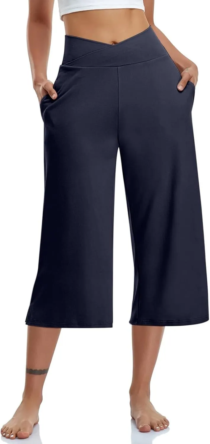 Womens Summer 3/4 Pants Flowy High Waisted Loose Casual Lounge Pant Wide Leg Palazzo Capris Elastic with Pockets