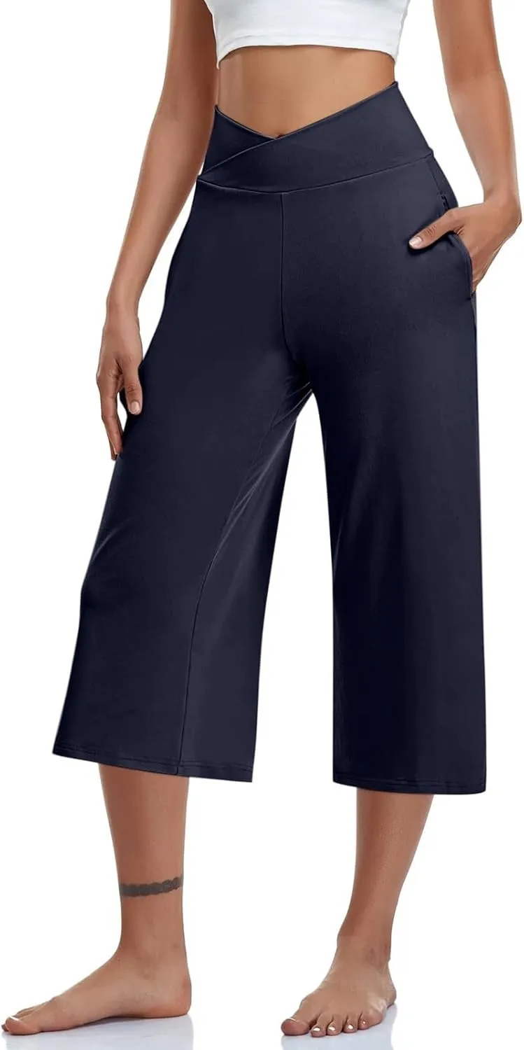Womens Summer 3/4 Pants Flowy High Waisted Loose Casual Lounge Pant Wide Leg Palazzo Capris Elastic with Pockets