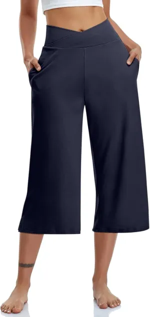 Womens Summer 3/4 Pants Flowy High Waisted Loose Casual Lounge Pant Wide Leg Palazzo Capris Elastic with Pockets