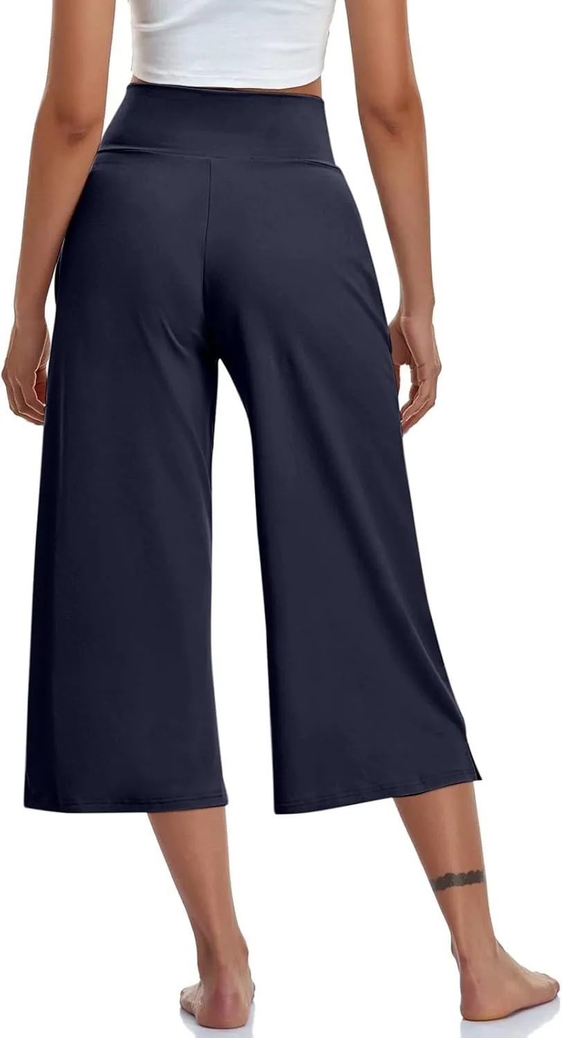 Womens Summer 3/4 Pants Flowy High Waisted Loose Casual Lounge Pant Wide Leg Palazzo Capris Elastic with Pockets