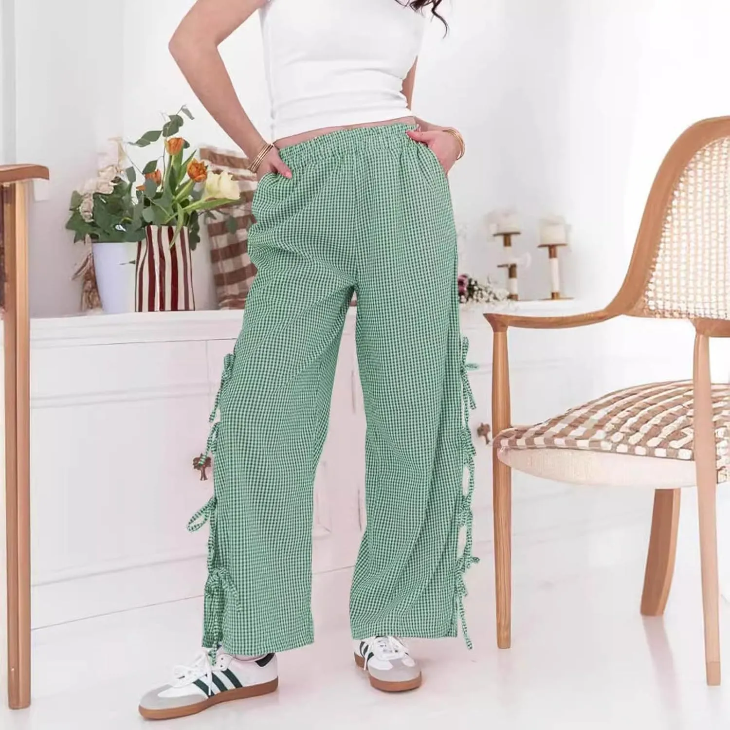 Women's Y2k Plaid Pants Side Tie Bow Wide Leg Pants High Elastic Waisted Cropped Palazzo Pants Gingham Lounge Pants