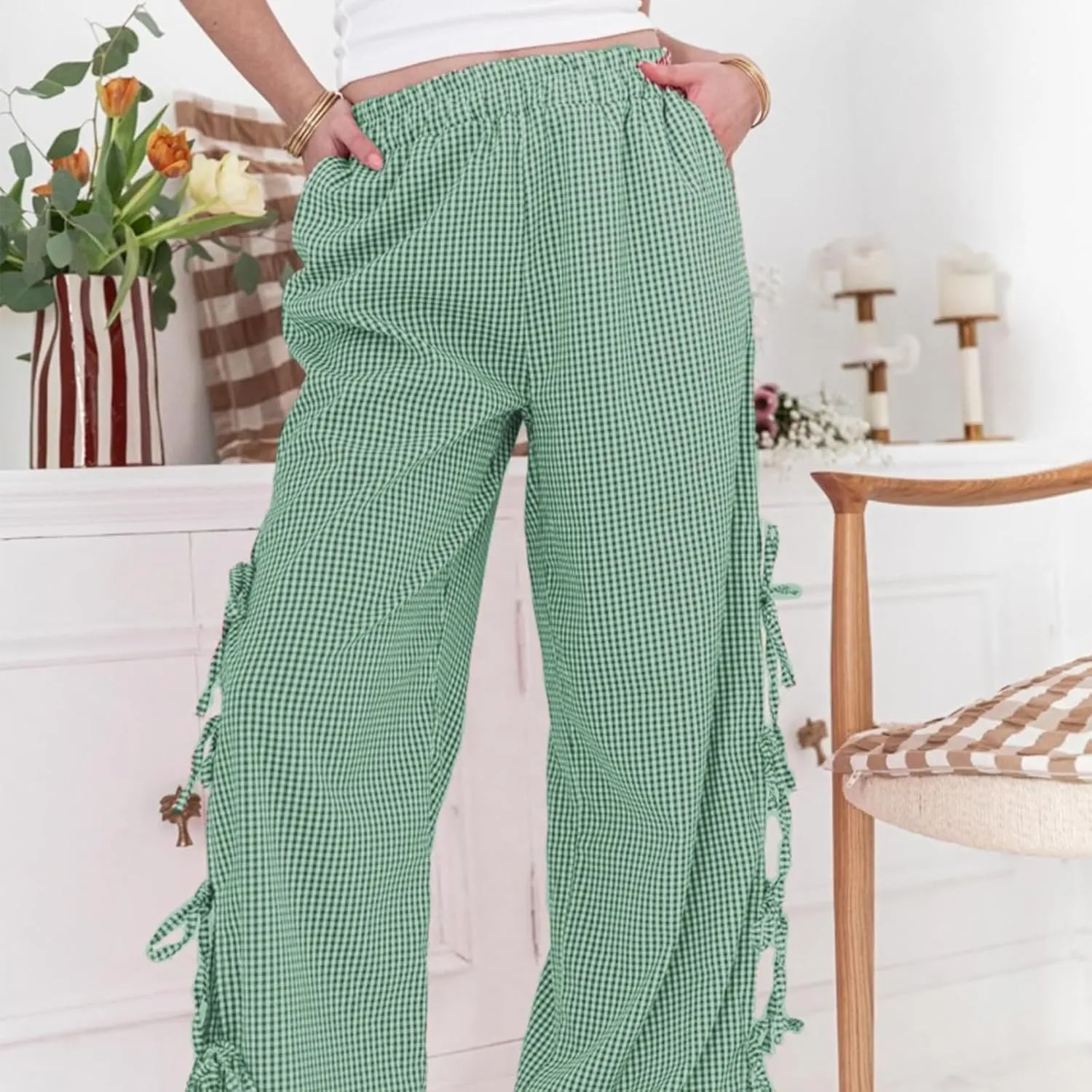 Women's Y2k Plaid Pants Side Tie Bow Wide Leg Pants High Elastic Waisted Cropped Palazzo Pants Gingham Lounge Pants