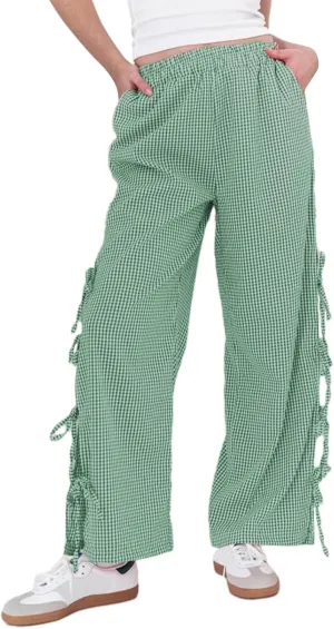 Women's Y2k Plaid Pants Side Tie Bow Wide Leg Pants High Elastic Waisted Cropped Palazzo Pants Gingham Lounge Pants