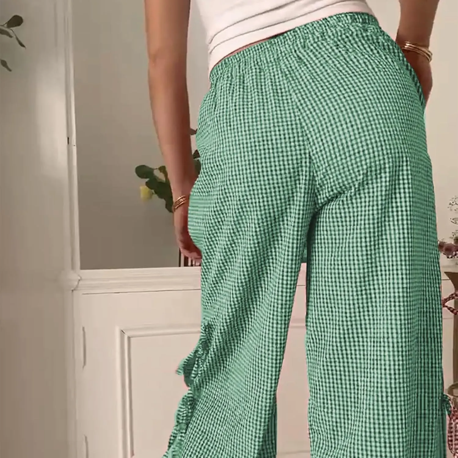Women's Y2k Plaid Pants Side Tie Bow Wide Leg Pants High Elastic Waisted Cropped Palazzo Pants Gingham Lounge Pants